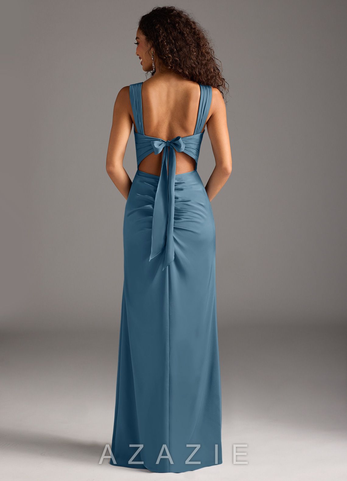 Azazie Jesaphine Bermuda Sheath Bow Stretch Satin Dress bermuda