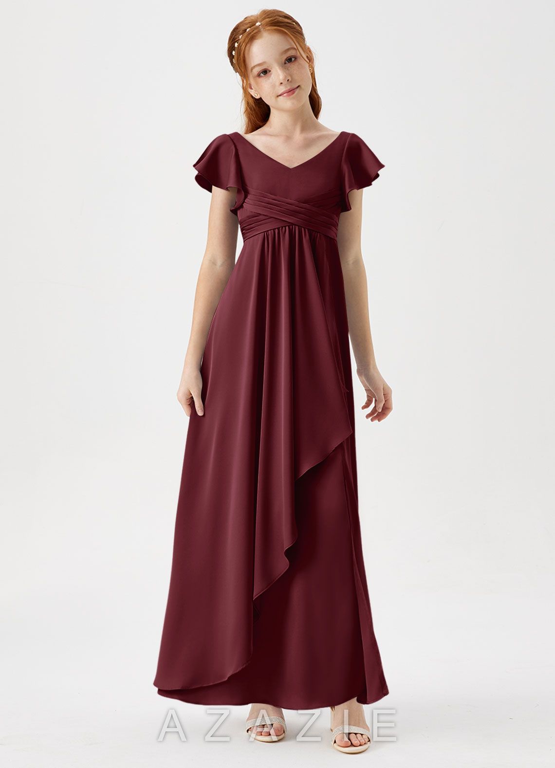 Azazie Omari Junior Cabernet A-Line Pleated Stretch Satin Dress cabernet