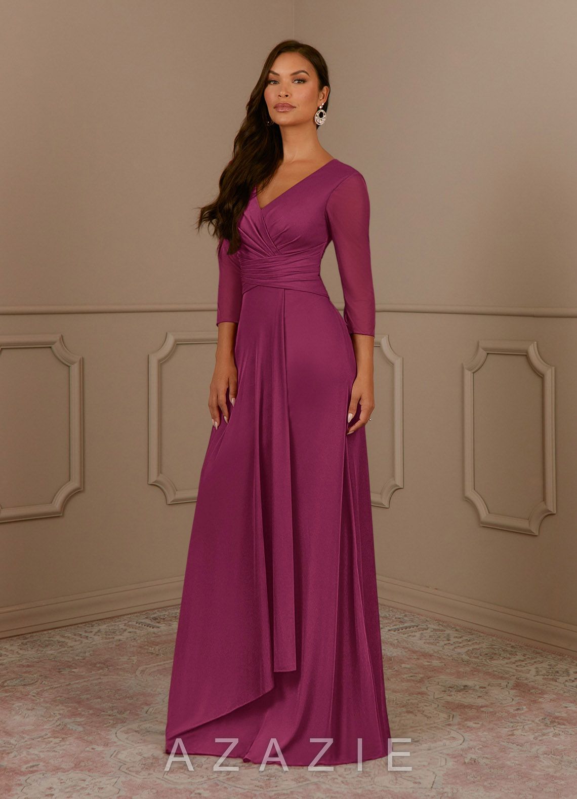 Azazie Annetta Mulberry A-Line V-Neck Pleated Mesh Dress mulberry