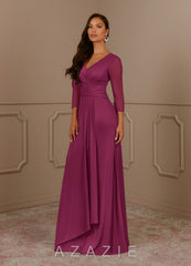 Azazie Annetta Mulberry A-Line V-Neck Pleated Mesh Dress mulberry