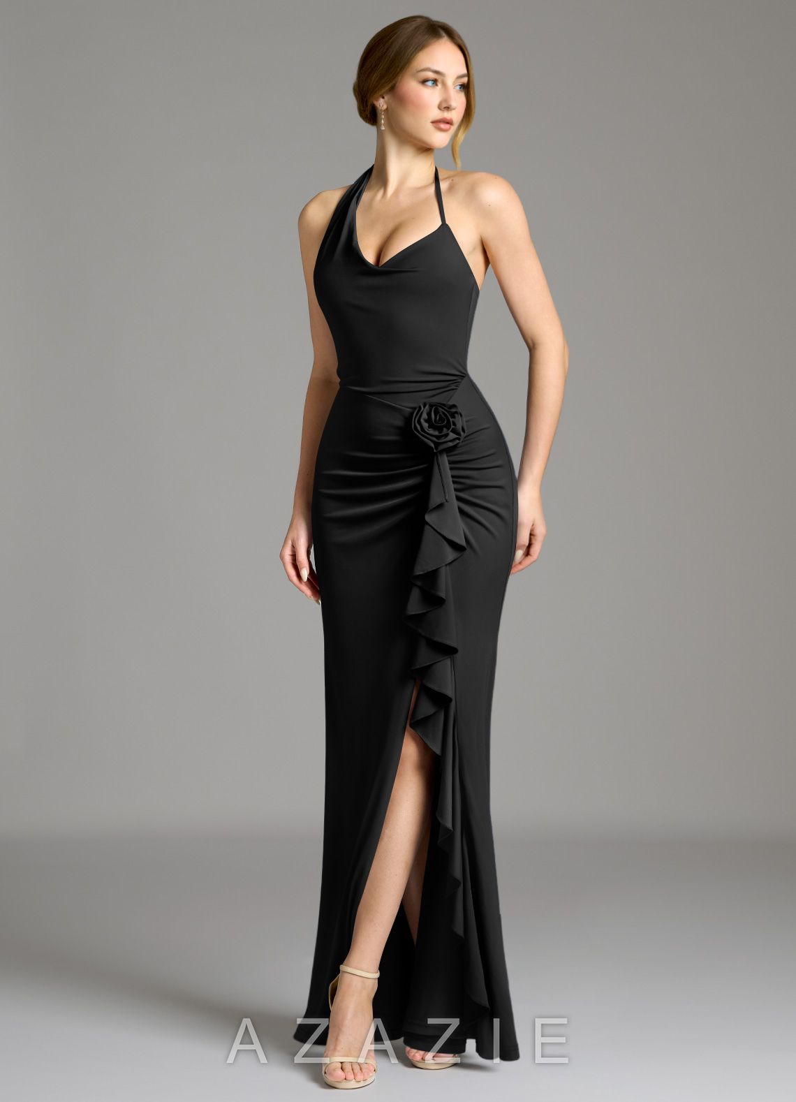 Azazie Gwyneth Black Mermaid Pleated Premium Stretch Jersey Dress black