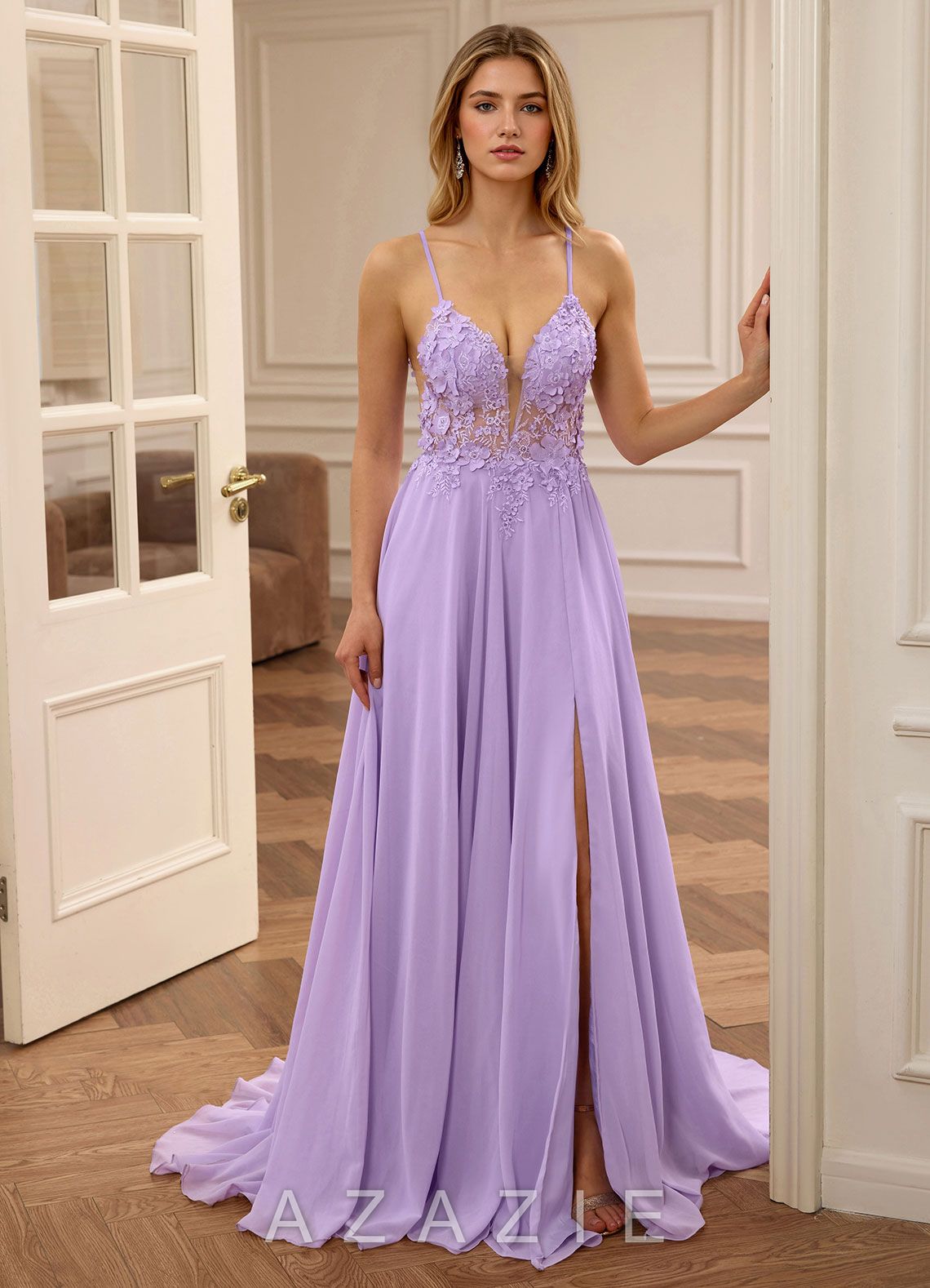 Lolanthe Purple V-neck Floral Embroidery Lace Prom Dress