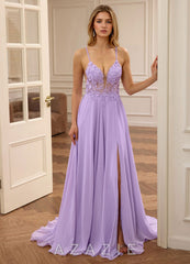 Lolanthe Purple V-neck Floral Embroidery Lace Prom Dress