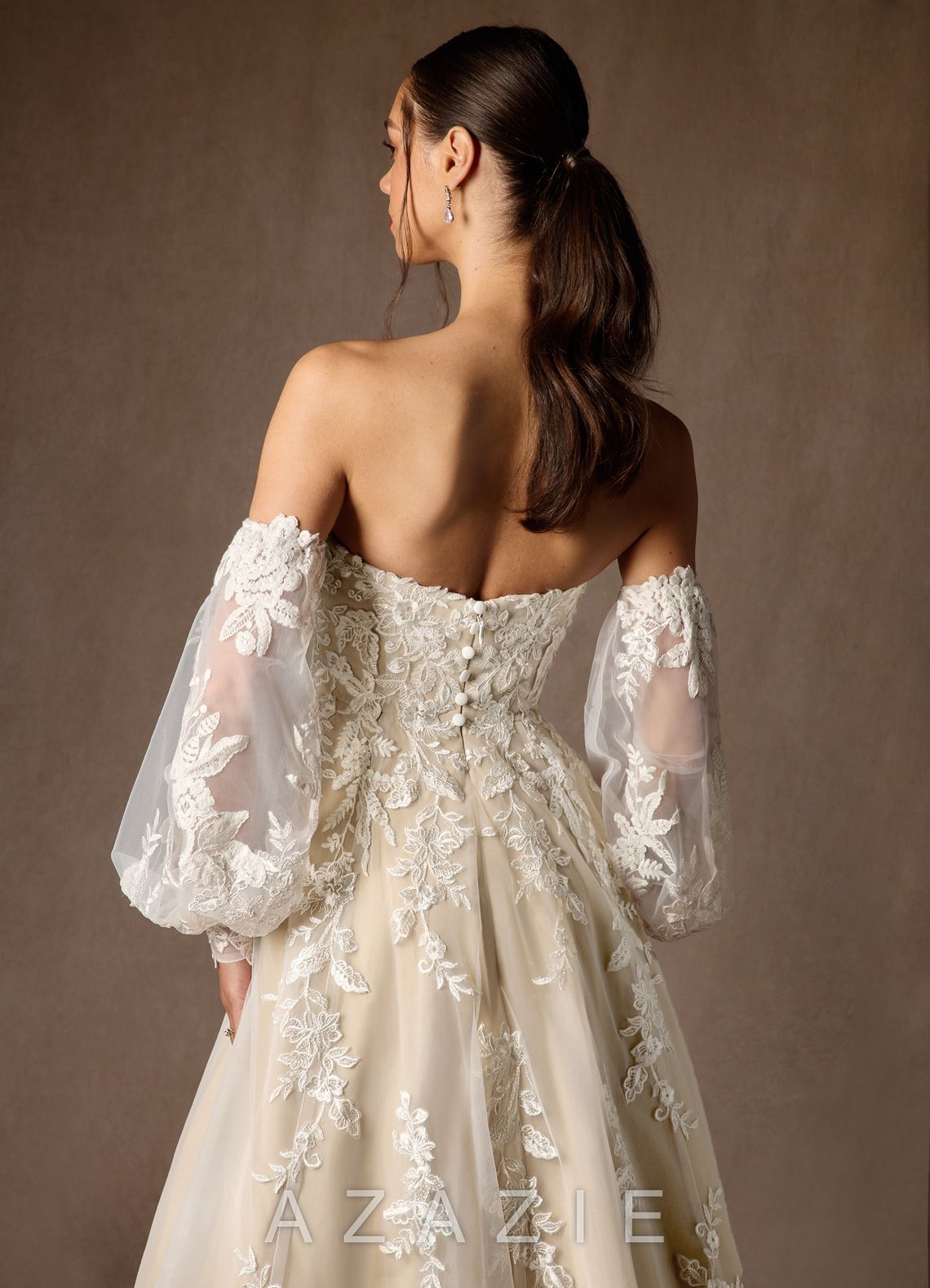 Azazie Madeleine Diamond White Champagne Ball-Gown Strapless Lace Dress