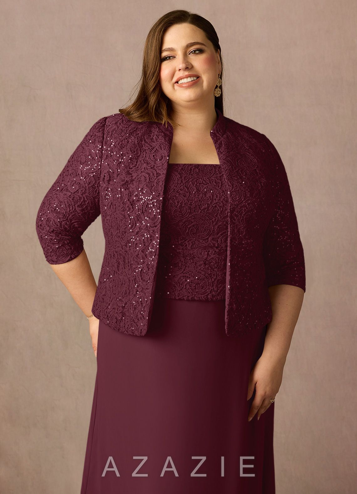 Azazie Cornelia Cabernet Sheath Square Neckline Sequins Chiffon Dress cabernet