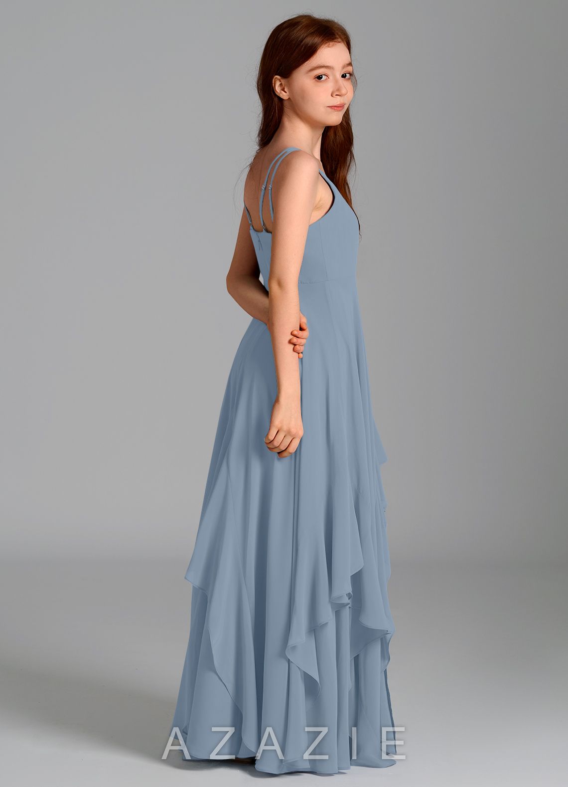 Azazie Karan Junior Dusty Blue A-Line Chiffon Dress dusty_blue