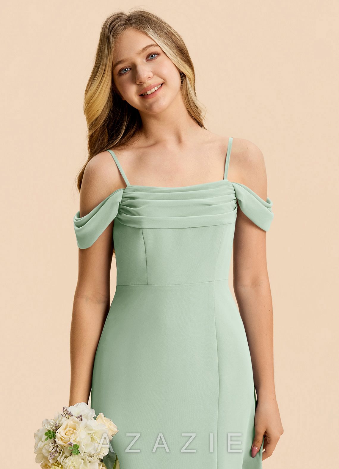 Azazie Lilly Junior Agave A-Line Pleated Chiffon Dress agave