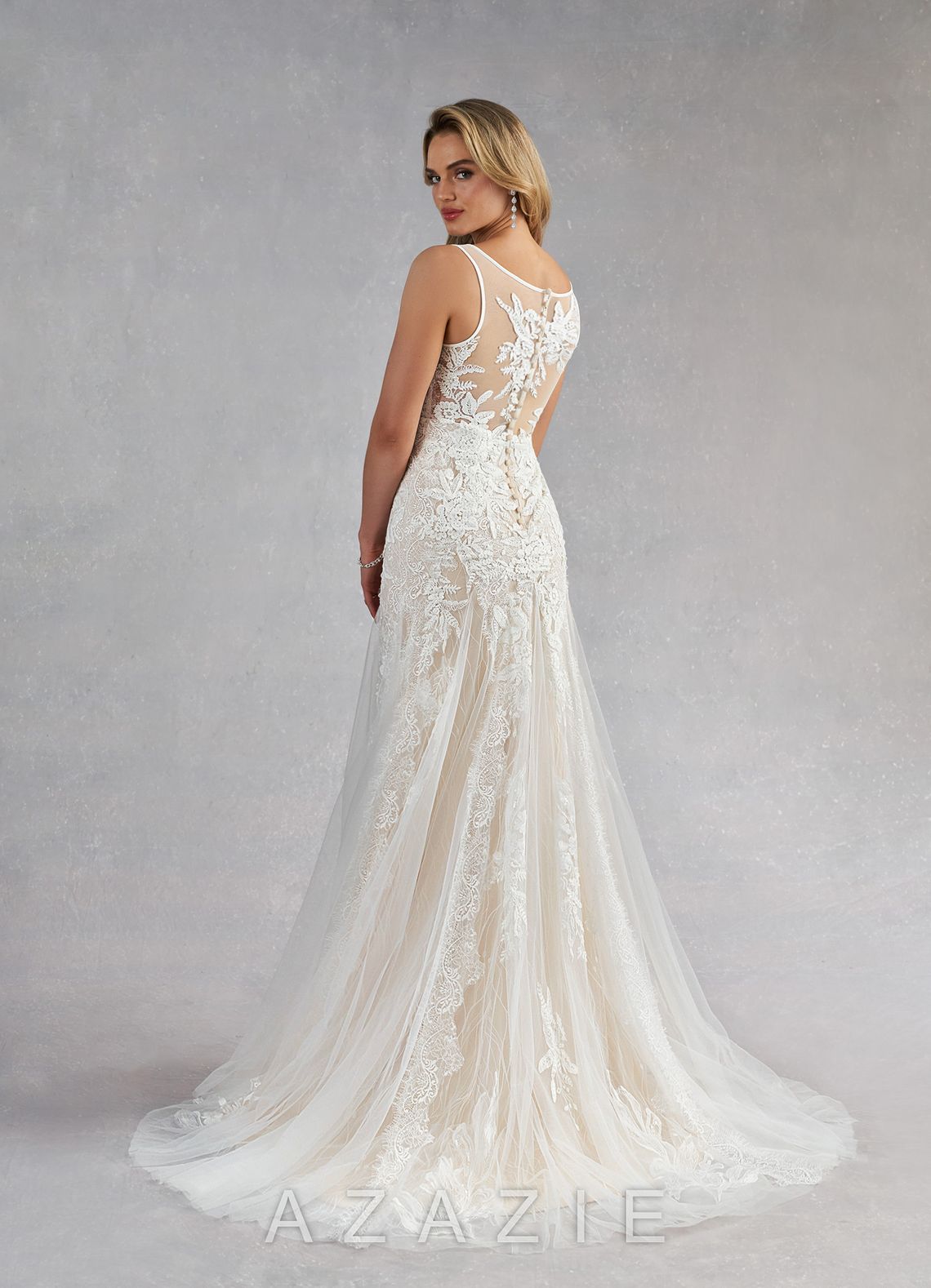 Azazie Konstantin Wedding Dress Diamond White Champagne Mermaid Sequins Tulle Dress diamond_white/champagne