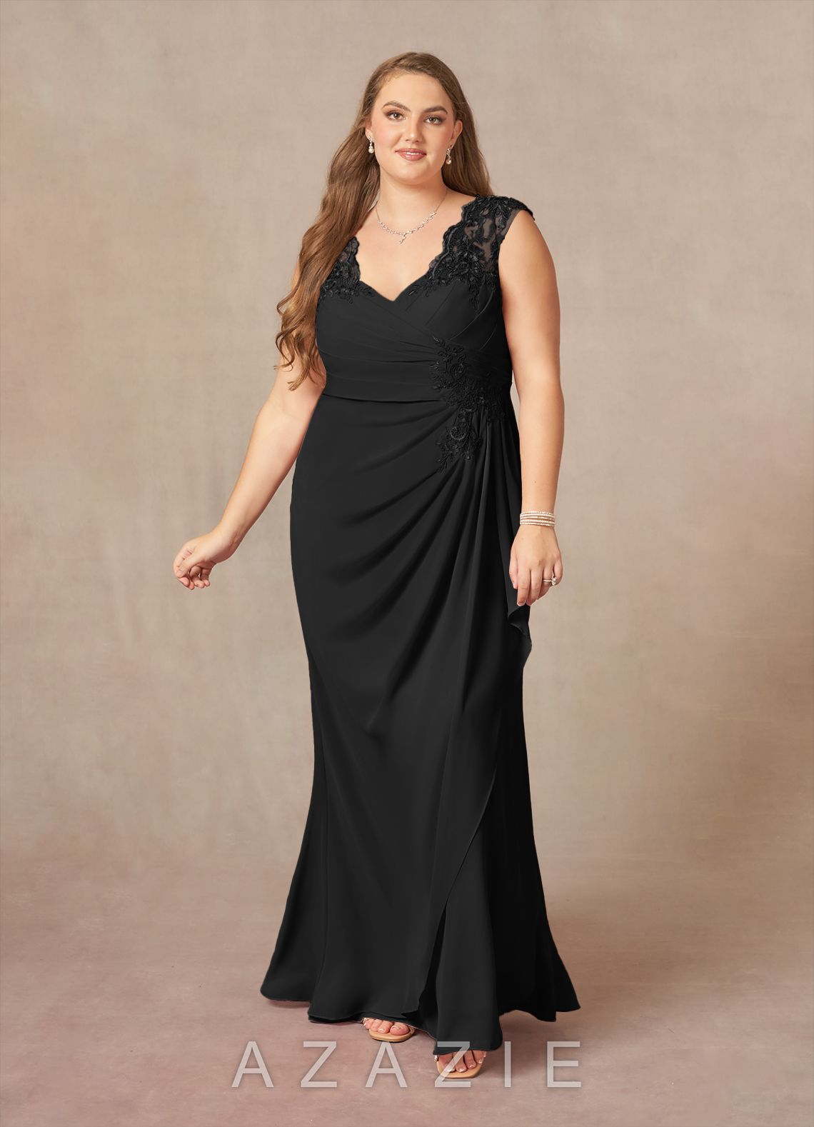 Azazie Gladys Black A-Line Queen Anne Lace Chiffon Dress black