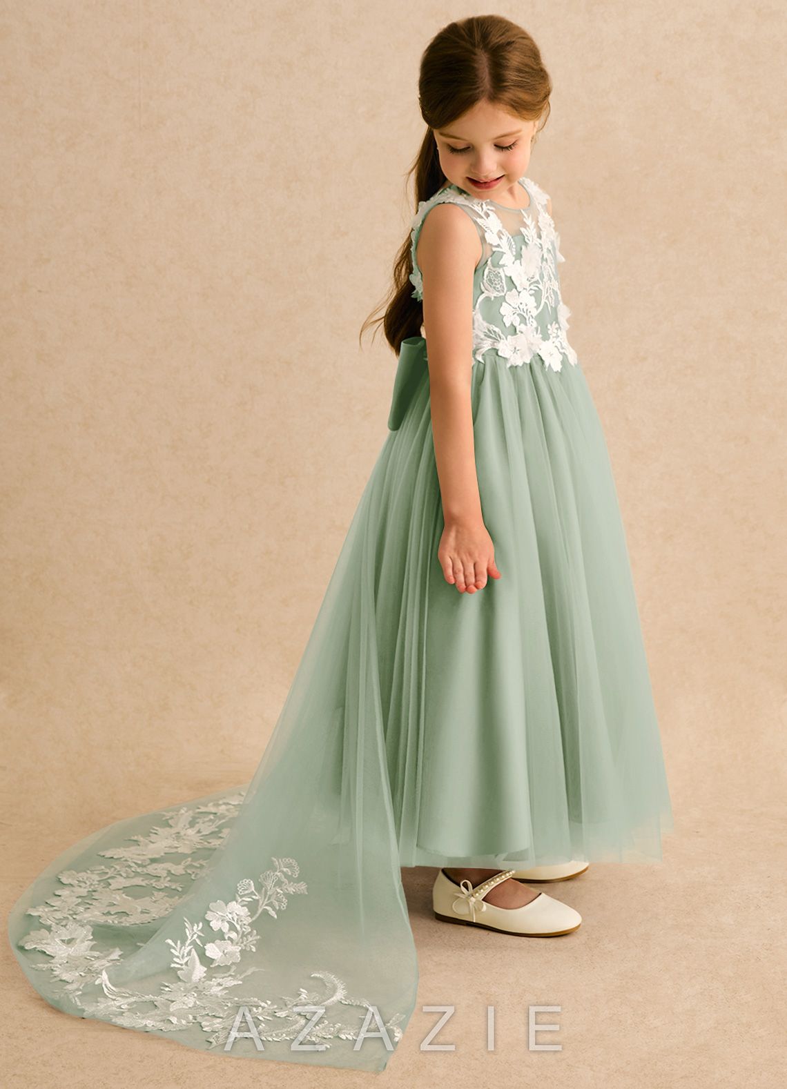 Azazie Mixie Dusty Sage Ball-Gown Lace Dress dusty_sage