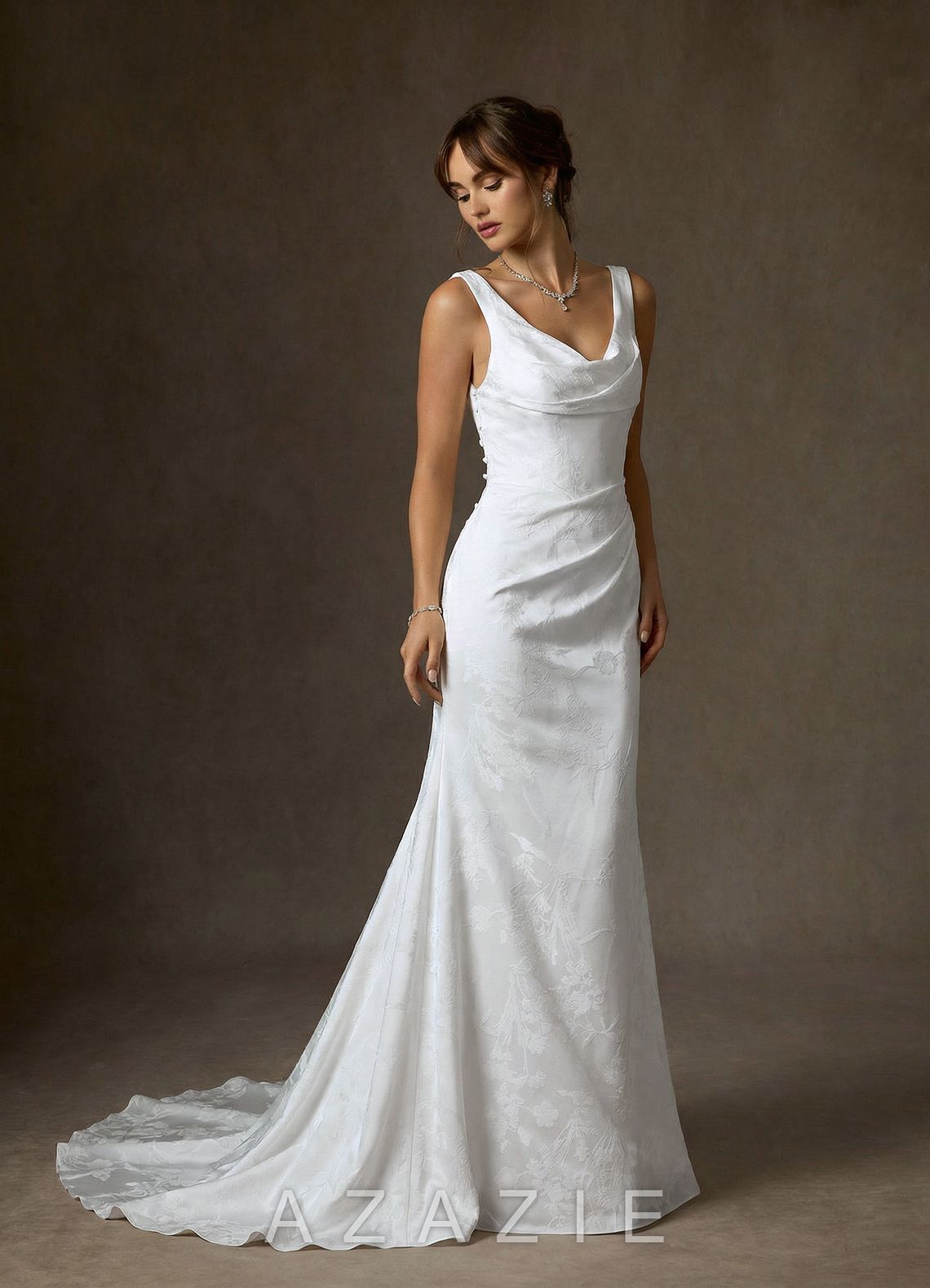 Azazie Hibiscus Diamond White Sheath Floral Jacquard Dress
