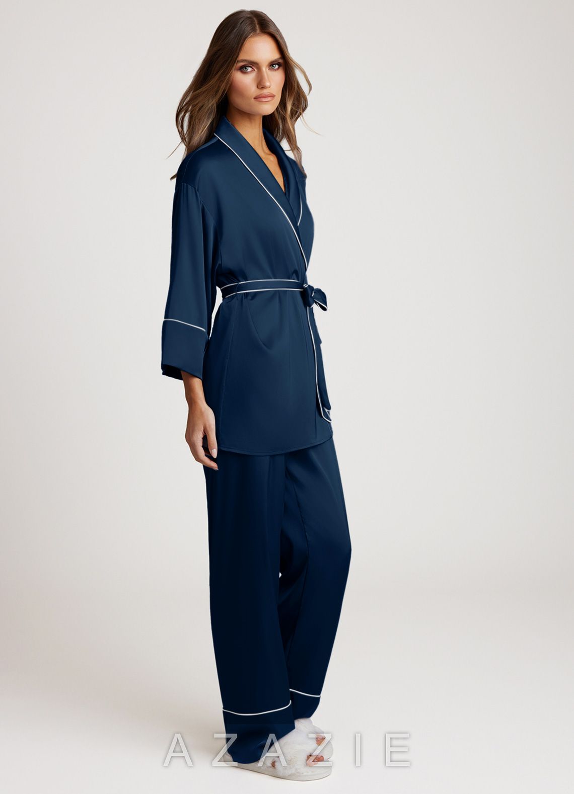 Satin Trim Pajama Set  dark_navy