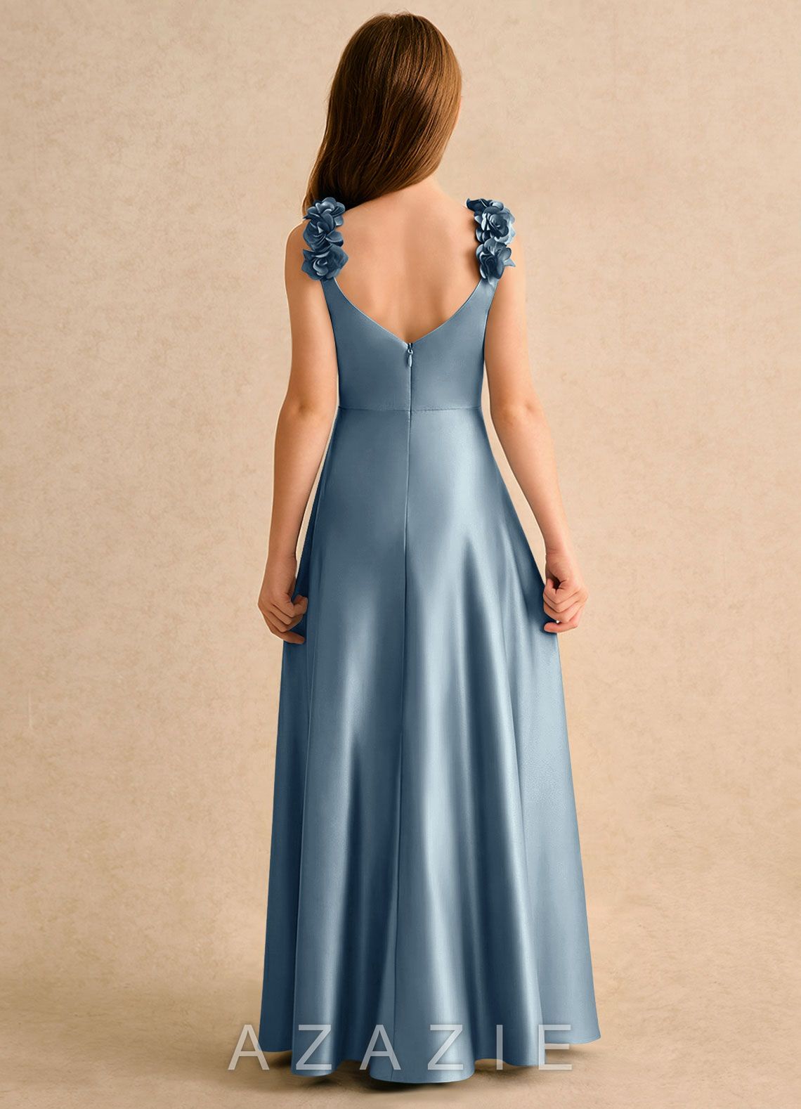 Azazie Rosita Girls Formal Dusty Blue A-Line Pleated Stretch Satin Dress dusty_blue