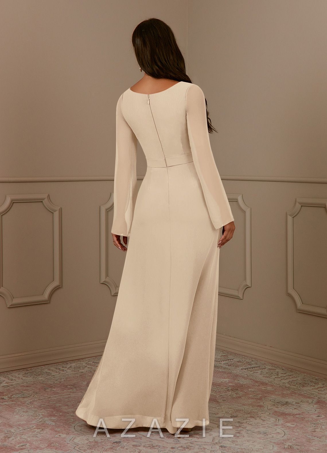 Azazie Belinda Champagne A-Line V-Neck Pleated Chiffon Dress champagne