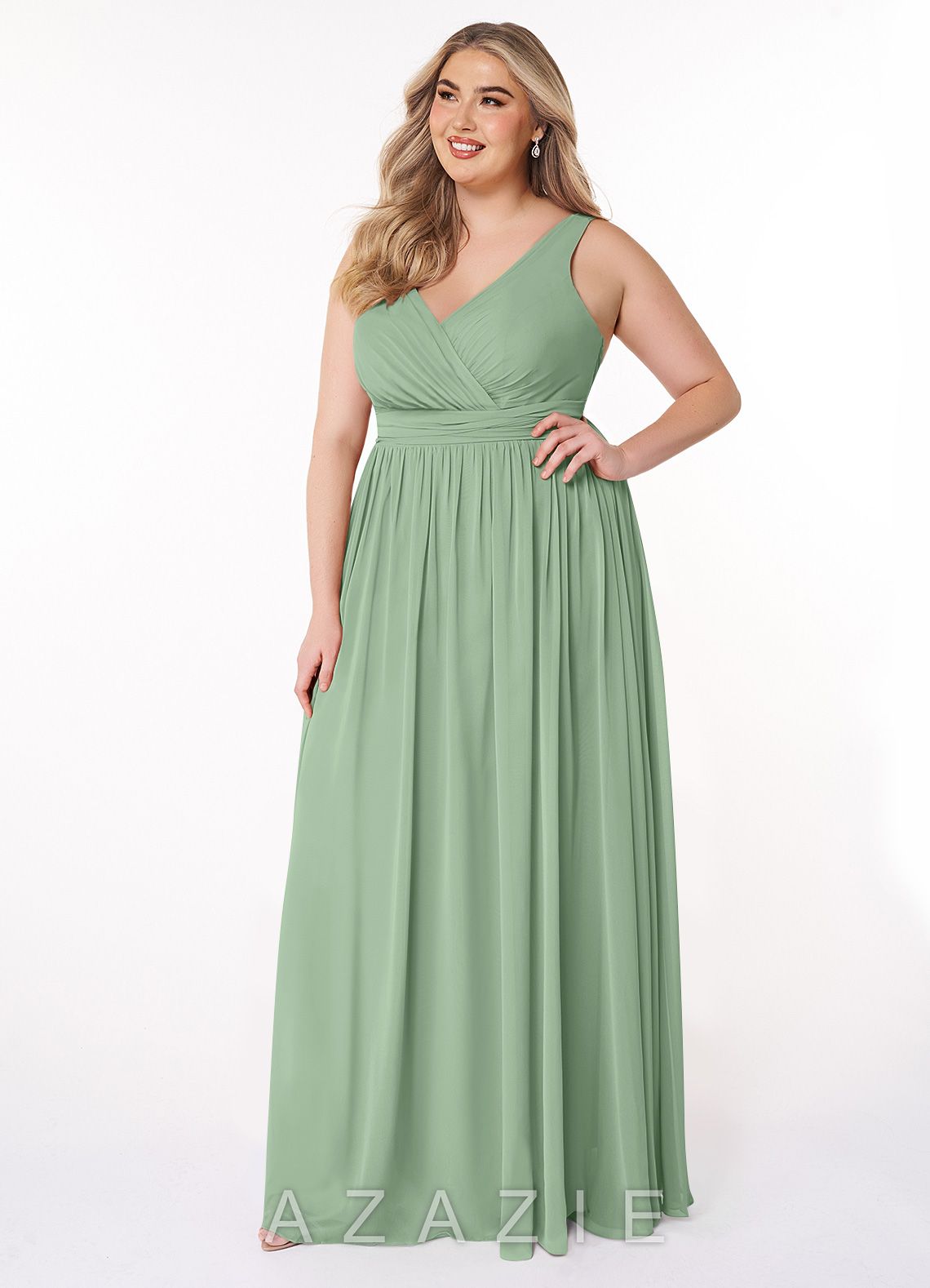 Azazie Kora Matcha A-Line Pleated Chiffon Dress matcha