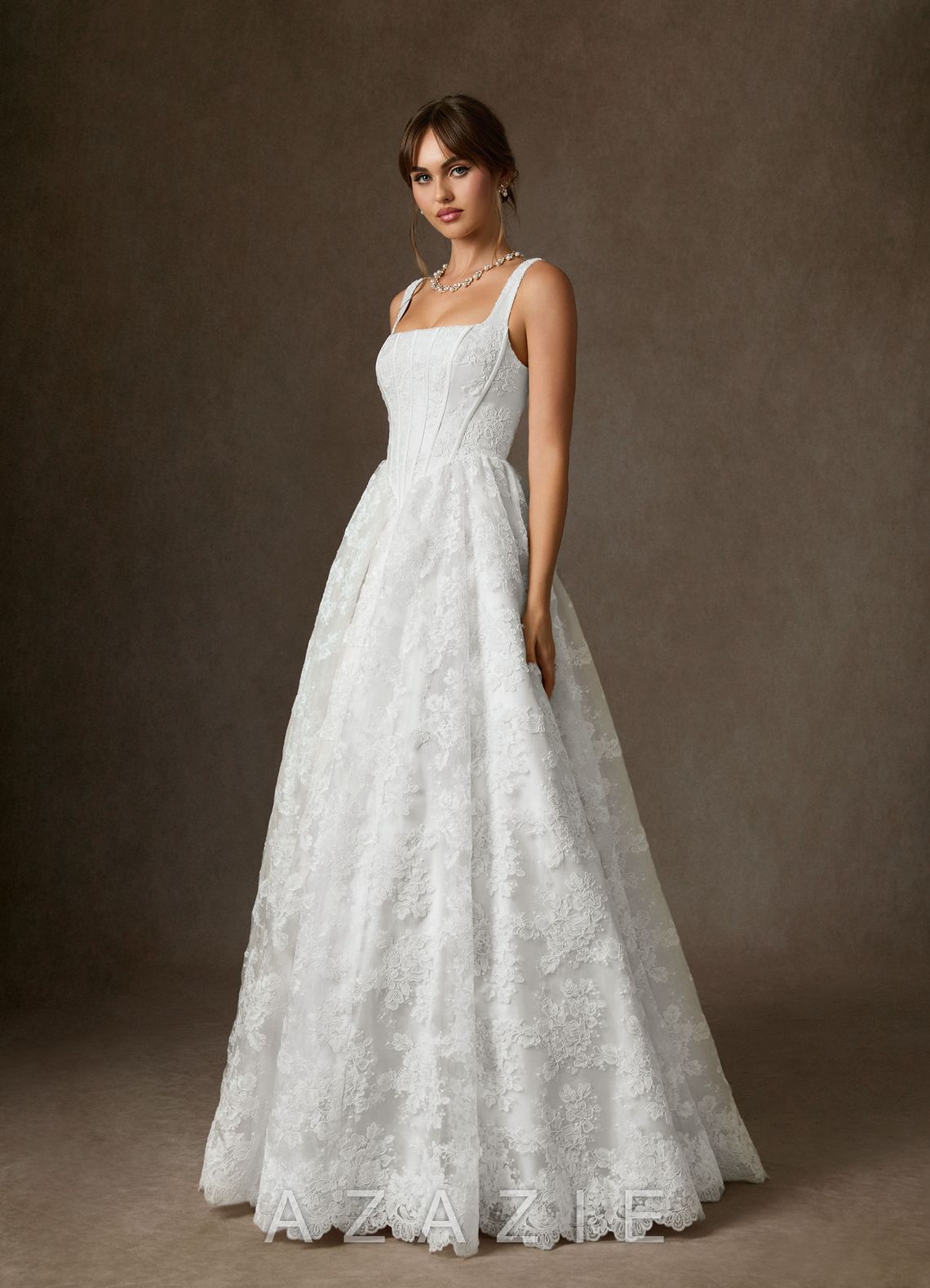 Azazie Geneva Diamond White Ball-Gown Square Neckline Lace Dress diamond_white