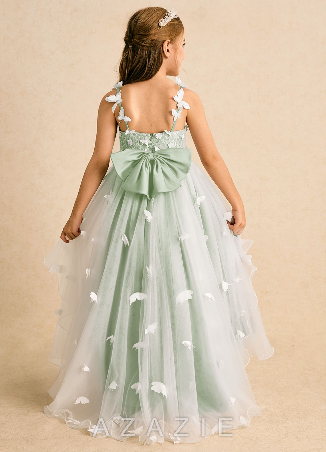 Azazie Darlina Ivory Dusty Sage Ball-Gown Lace Tulle Dress ivory/dusty_sage