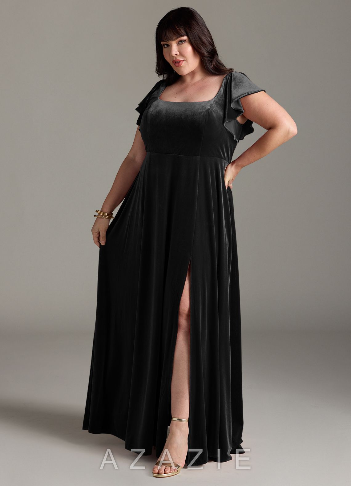 Azazie Bondi Black A-Line Side Slit Velvet Dress black