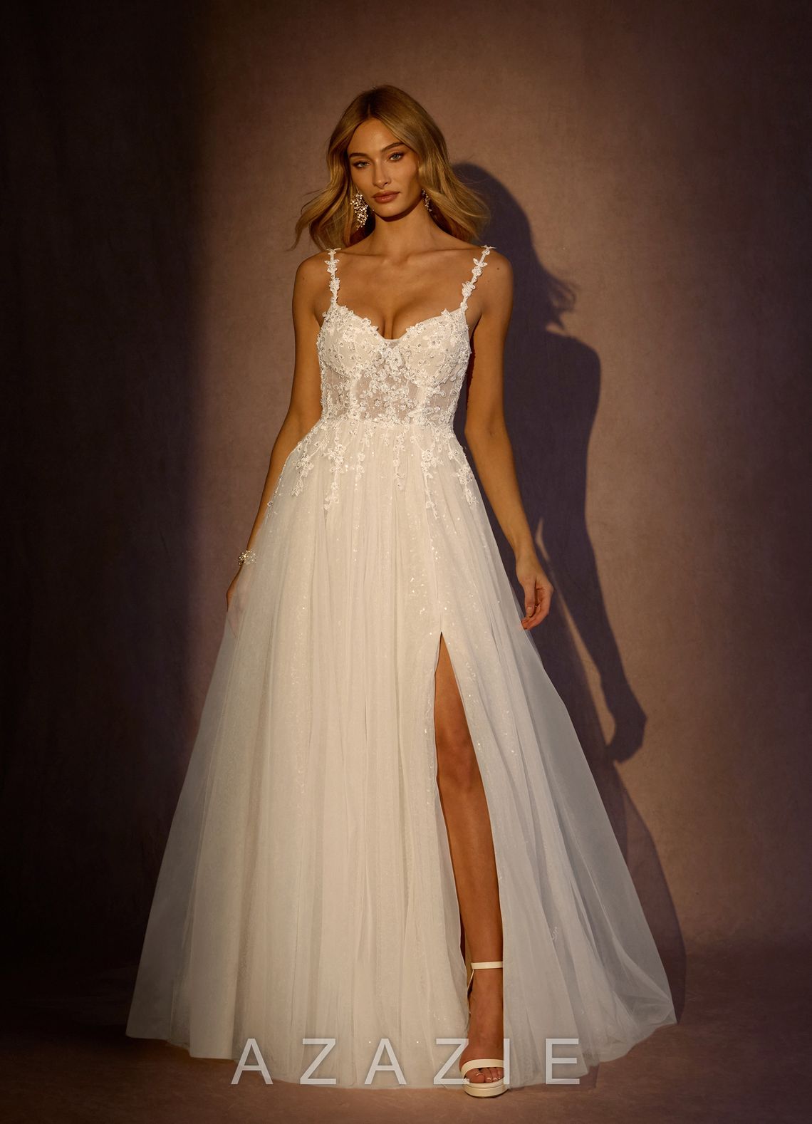 Azazie Florian Wedding Dress Diamond White A-Line V-Neck Sequins Tulle Dress diamond_white