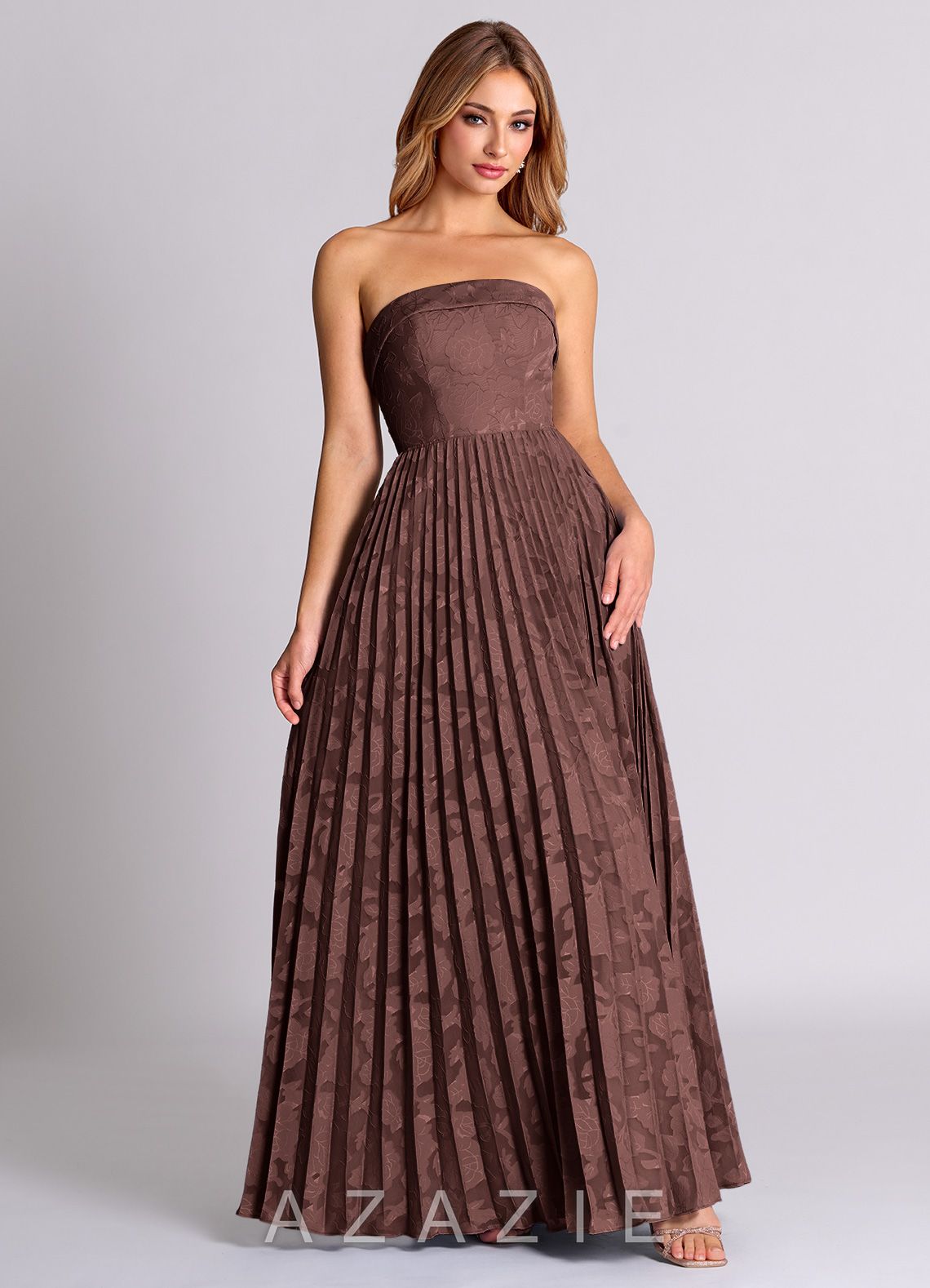 Azazie Mariana Espresso A-Line Strapless Floral Burnout Convertible Dress espresso