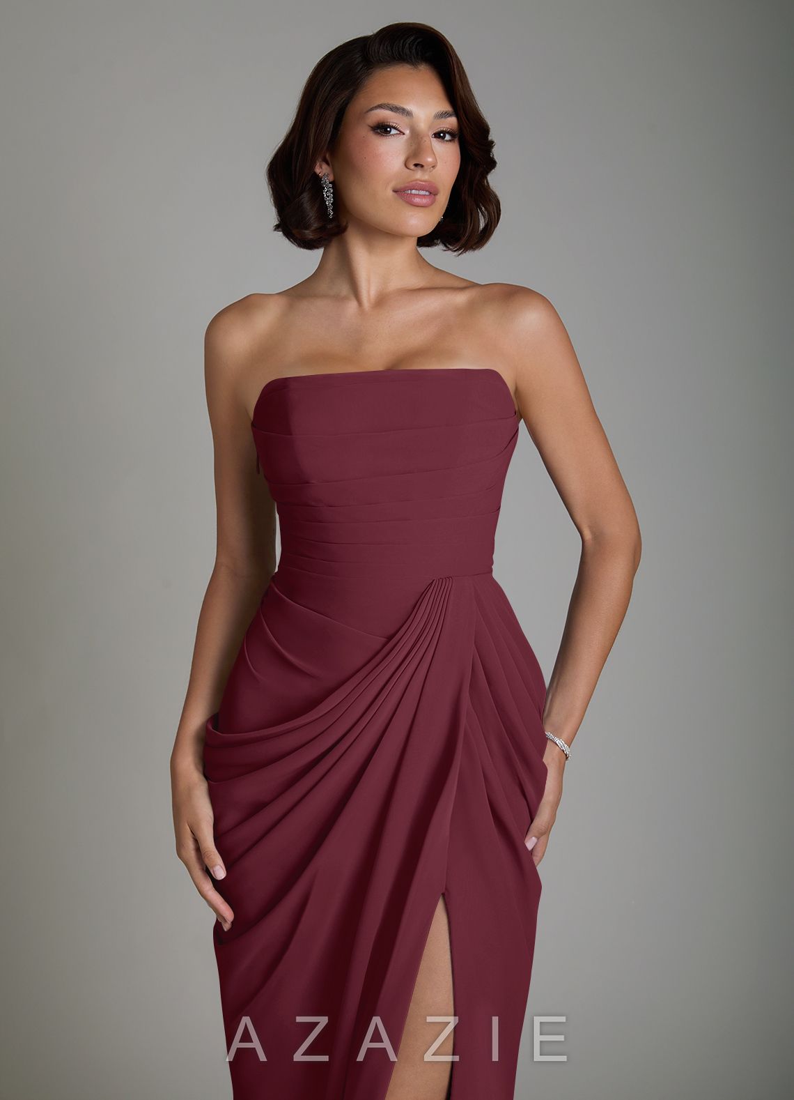 Azazie Nyra Cabernet Sheath Corset Chiffon Dress cabernet
