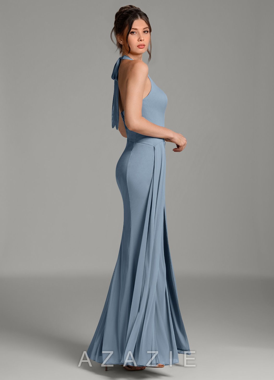 Azazie Ezra Dusty Blue Mermaid Pleated Mesh Dress dusty_blue