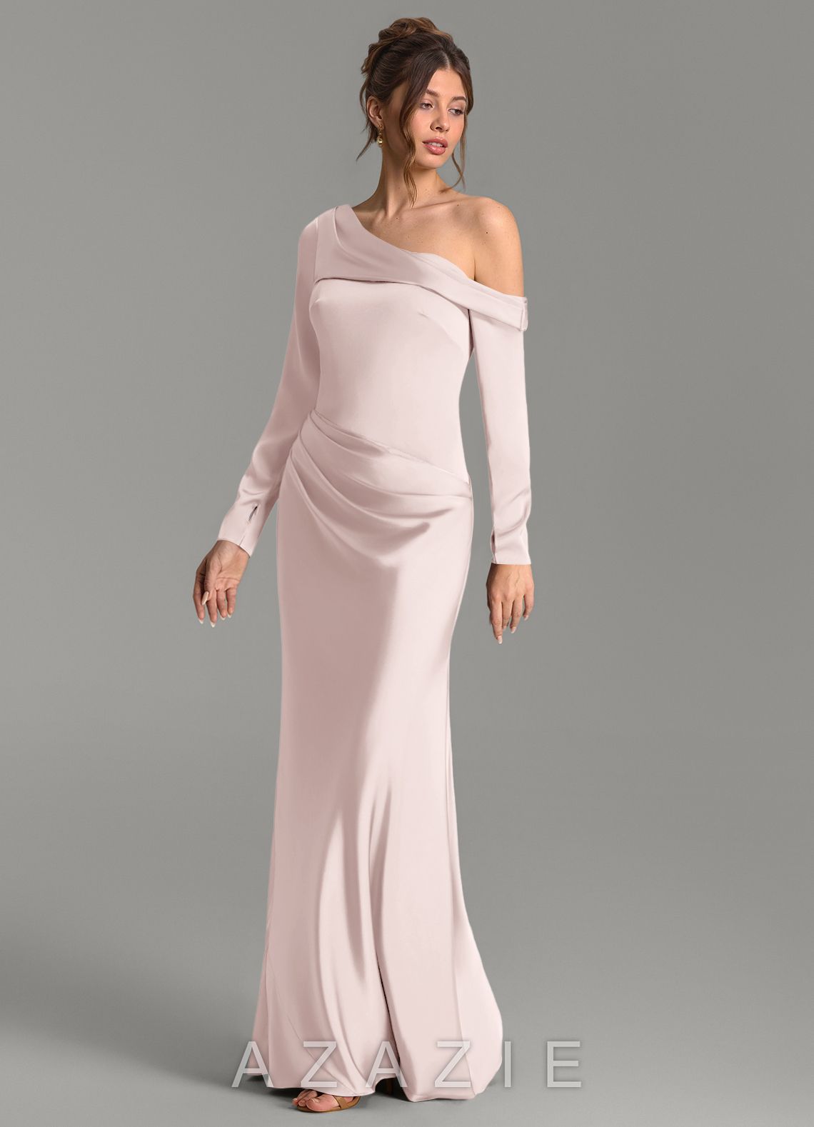Azazie Sandra Blushing Pink Mermaid Long Sleeve Stretch Satin Dress blushing_pink