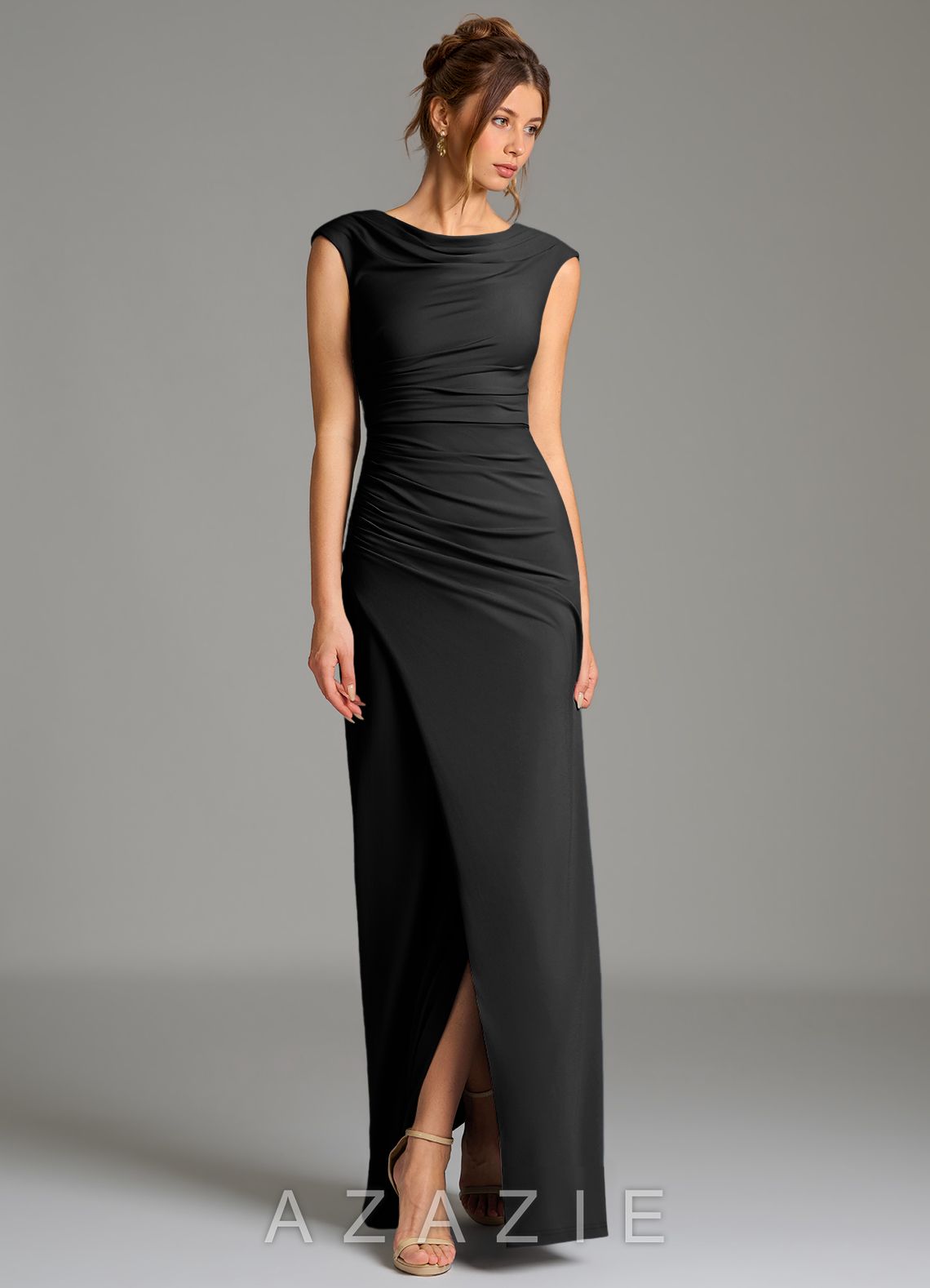 Azazie Chantal Black Mermaid Pleated Premium Stretch Jersey Dress black