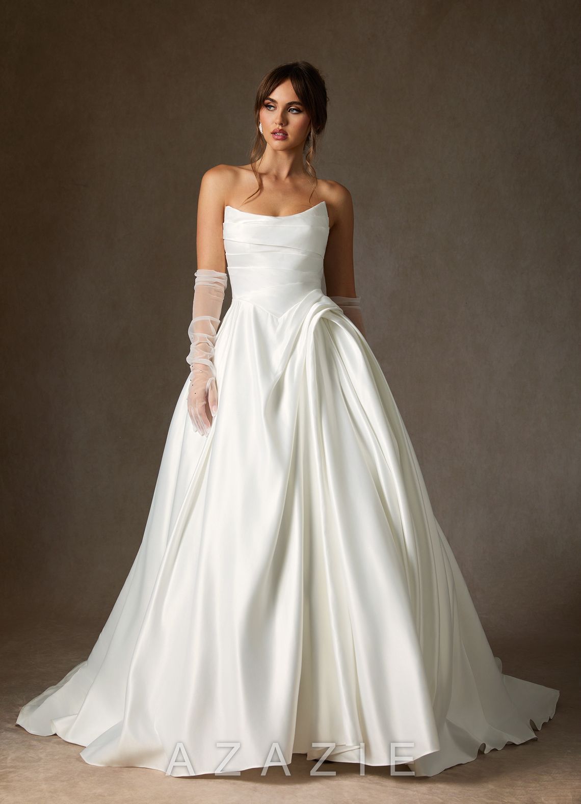 Azazie Adelise Diamond White Ball-Gown Strapless Satin Dress