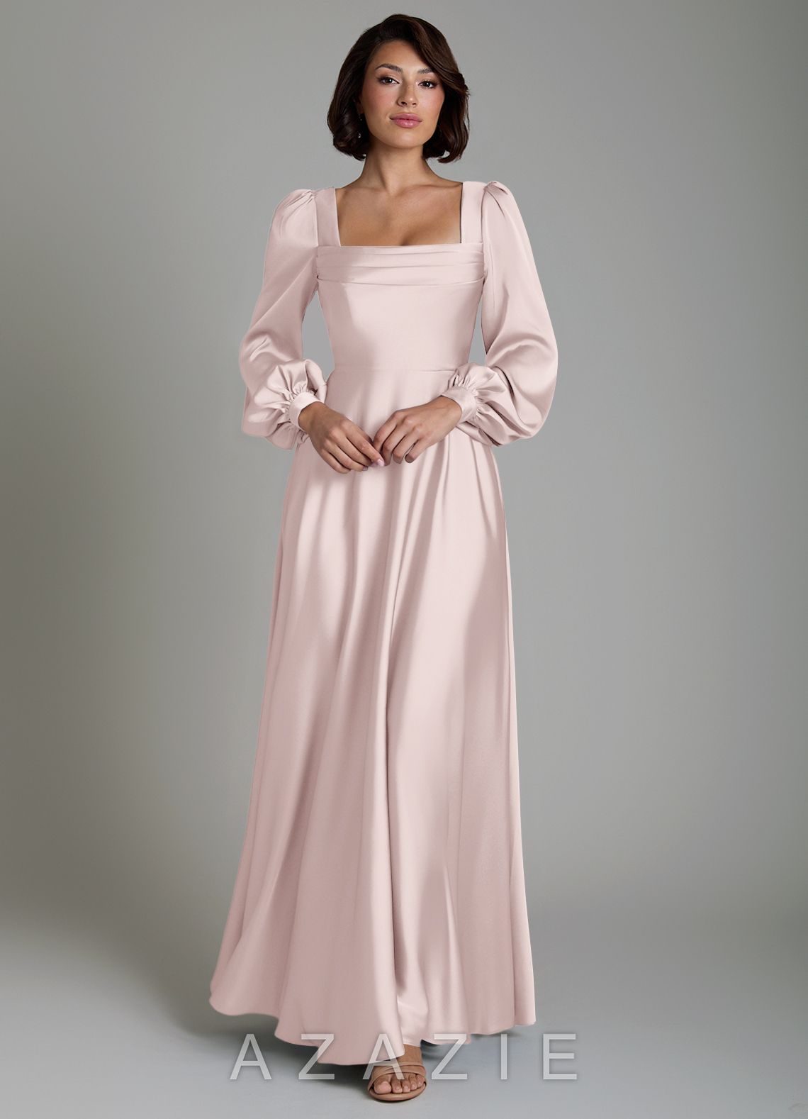 Azazie Solana Blushing Pink A-Line Long Sleeve Stretch Satin Dress