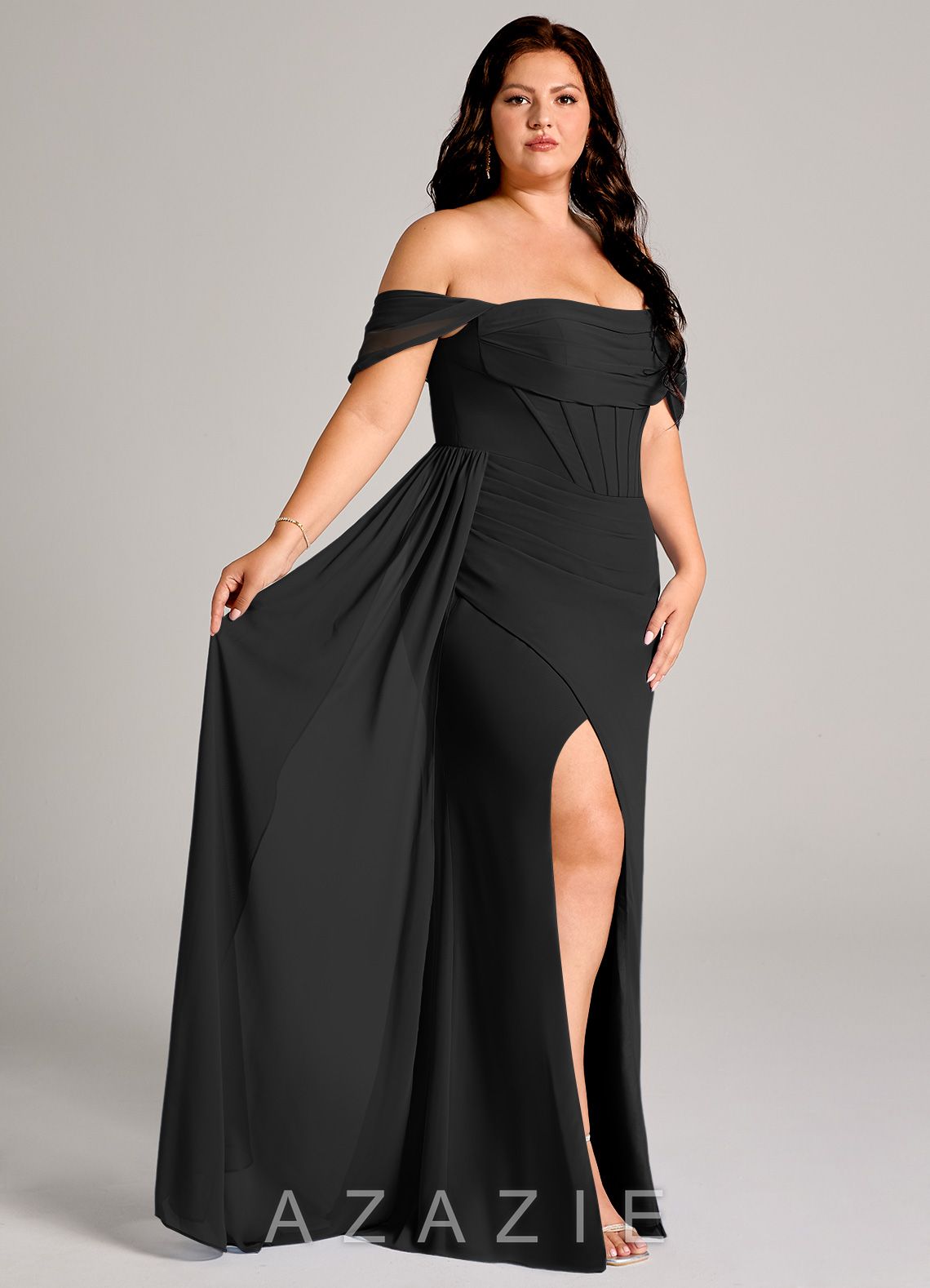 Azazie Amyra Black Sheath Off the Shoulder Chiffon Convertible Dress black