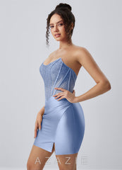 Lucienne Powder Blue Strapless Rhinestone Corset Slit Satin Mini Dress