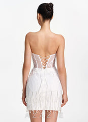 Malvina White Strapless Mesh Corset Pearl Fringe Mini Dress