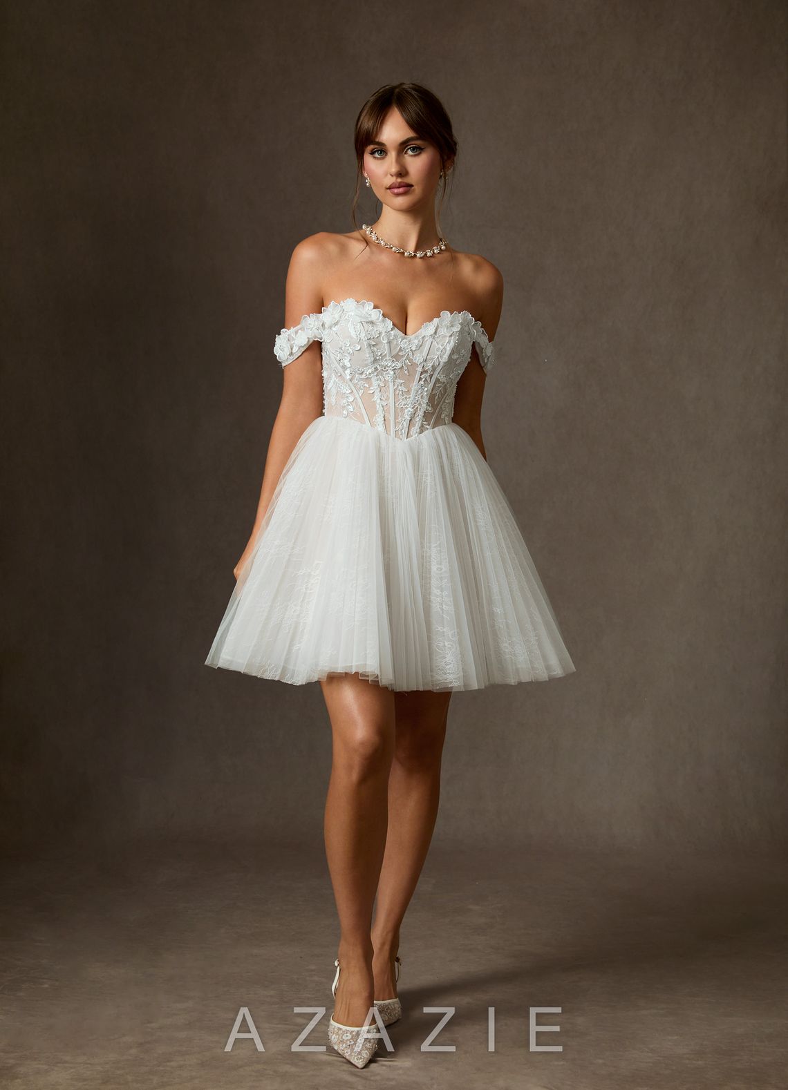 Azazie Sorel Diamond White Ball-Gown Off the Shoulder Lace Dress diamond_white