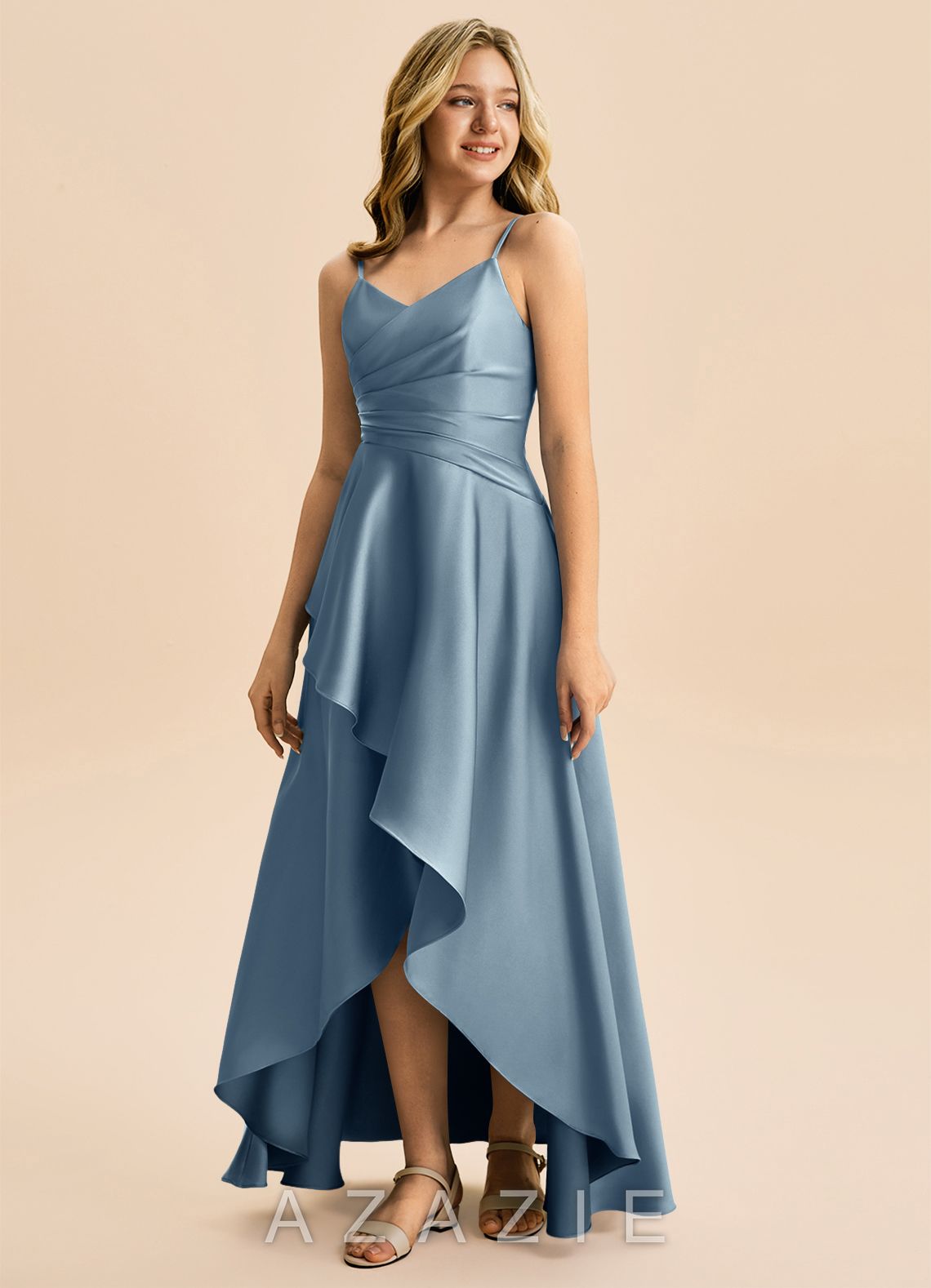 Azazie Eirlys Junior Dusty Blue A-Line Pleated Stretch Satin Dress dusty_blue