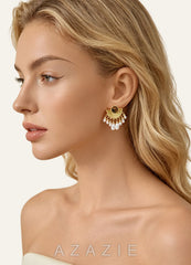 Tiger Eye & Freshwater Pearl Fan Drop Earrings  gold