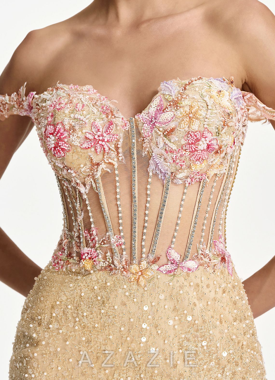 Elowenora Champagne 3D Flower Beading Rhinestone Corset Sequin Embroidery Tulle 