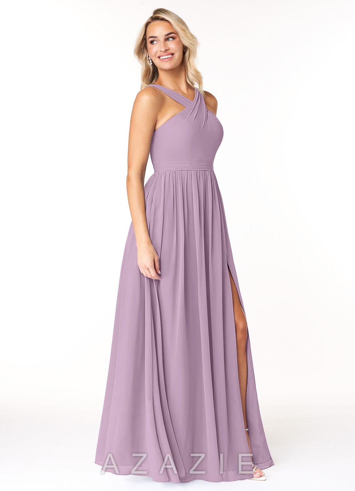 Azazie Elvira Wisteria A-Line Pleated Chiffon Dress wisteria