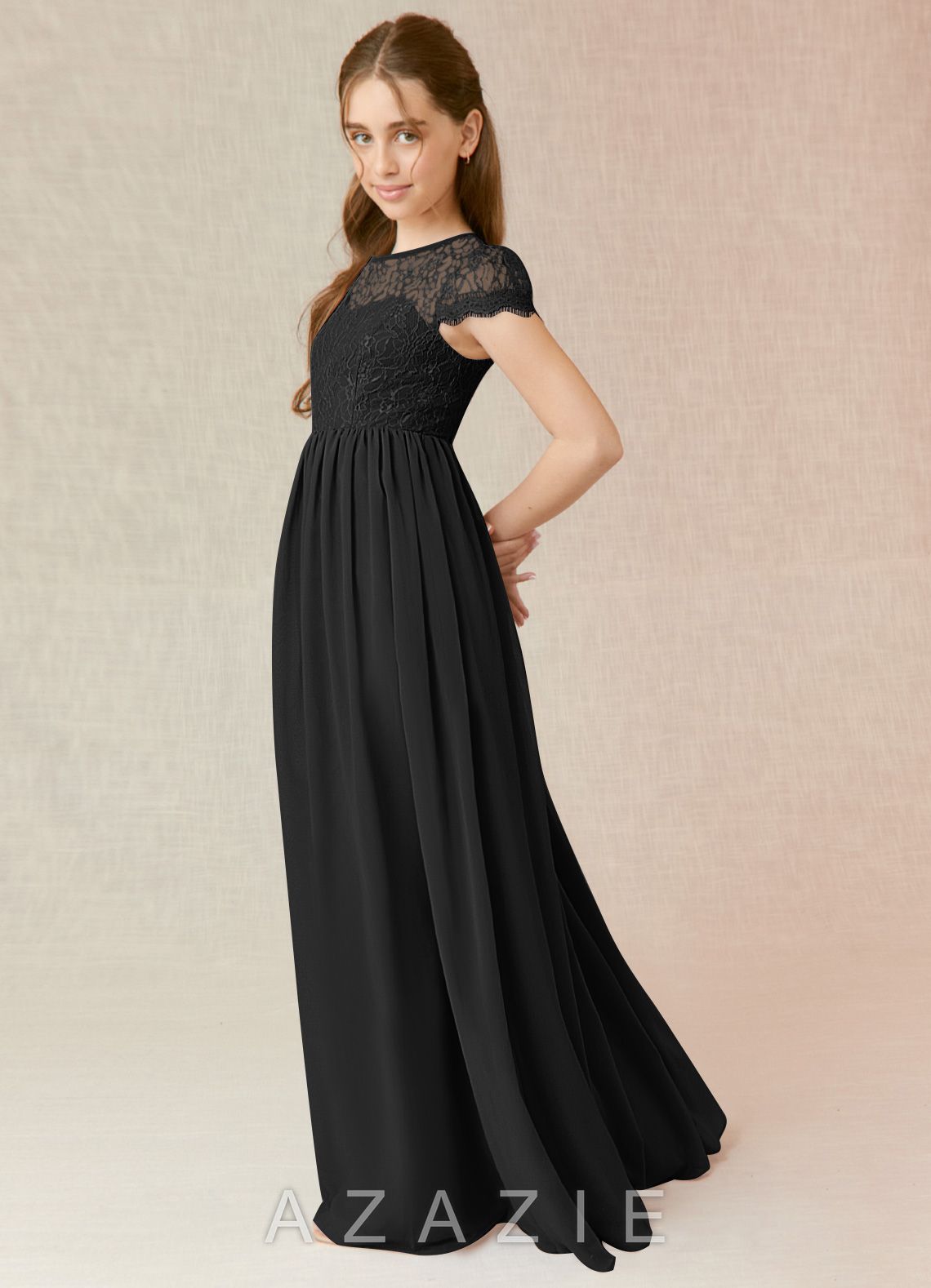 Azazie Delevingne Junior Black A-Line Lace Chiffon Dress black