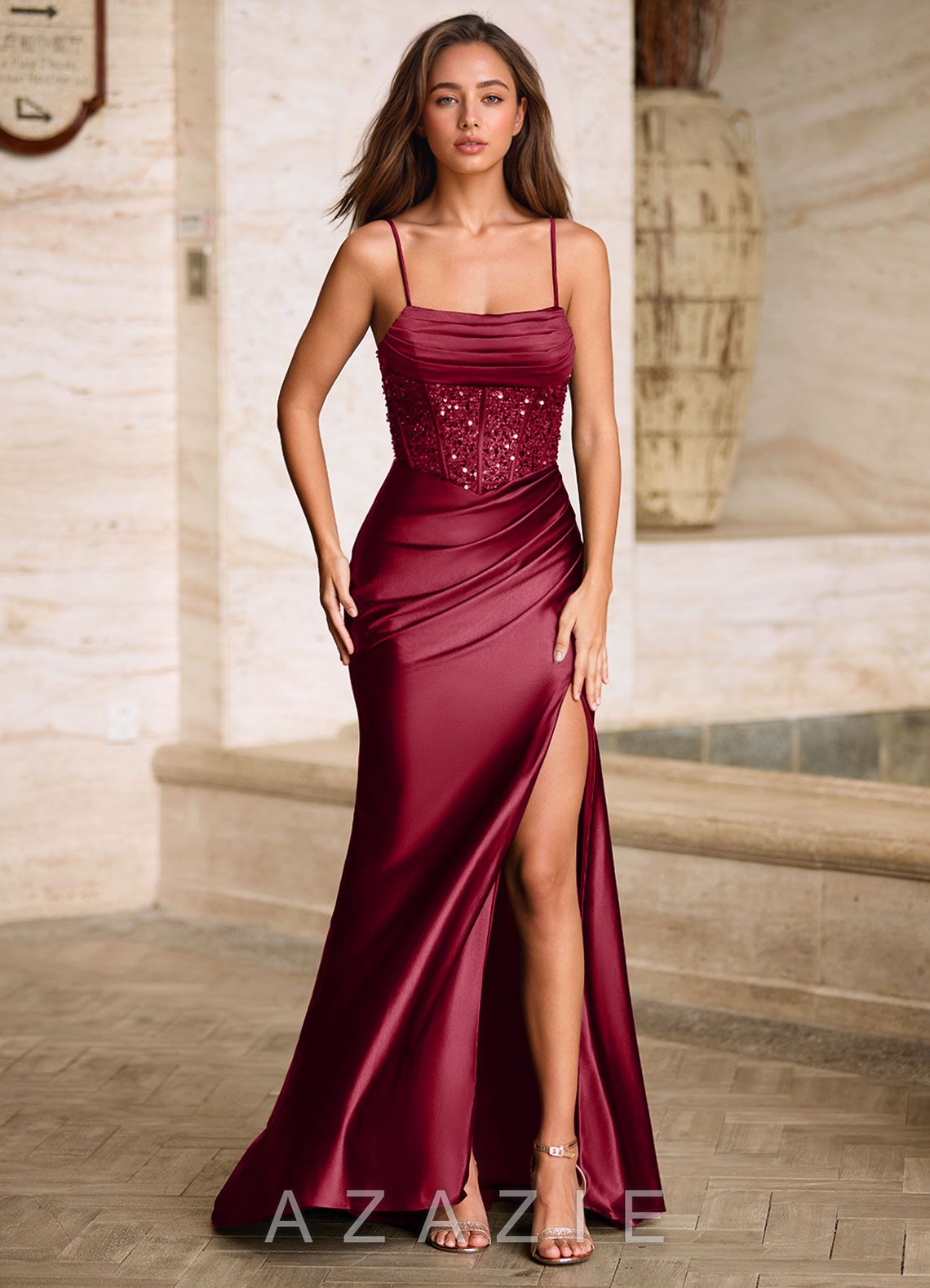 Starlit Burgundy Cowl Neck Sequin Corset Dress  burgundy