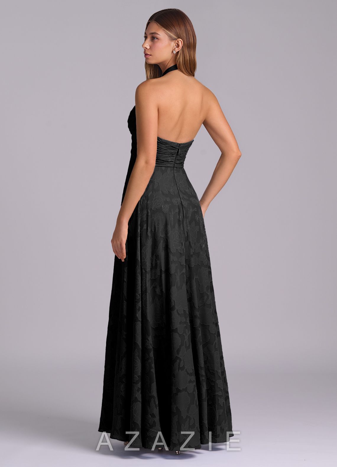 Azazie Tessie Black A-Line Pleated Floral Burnout Dress black