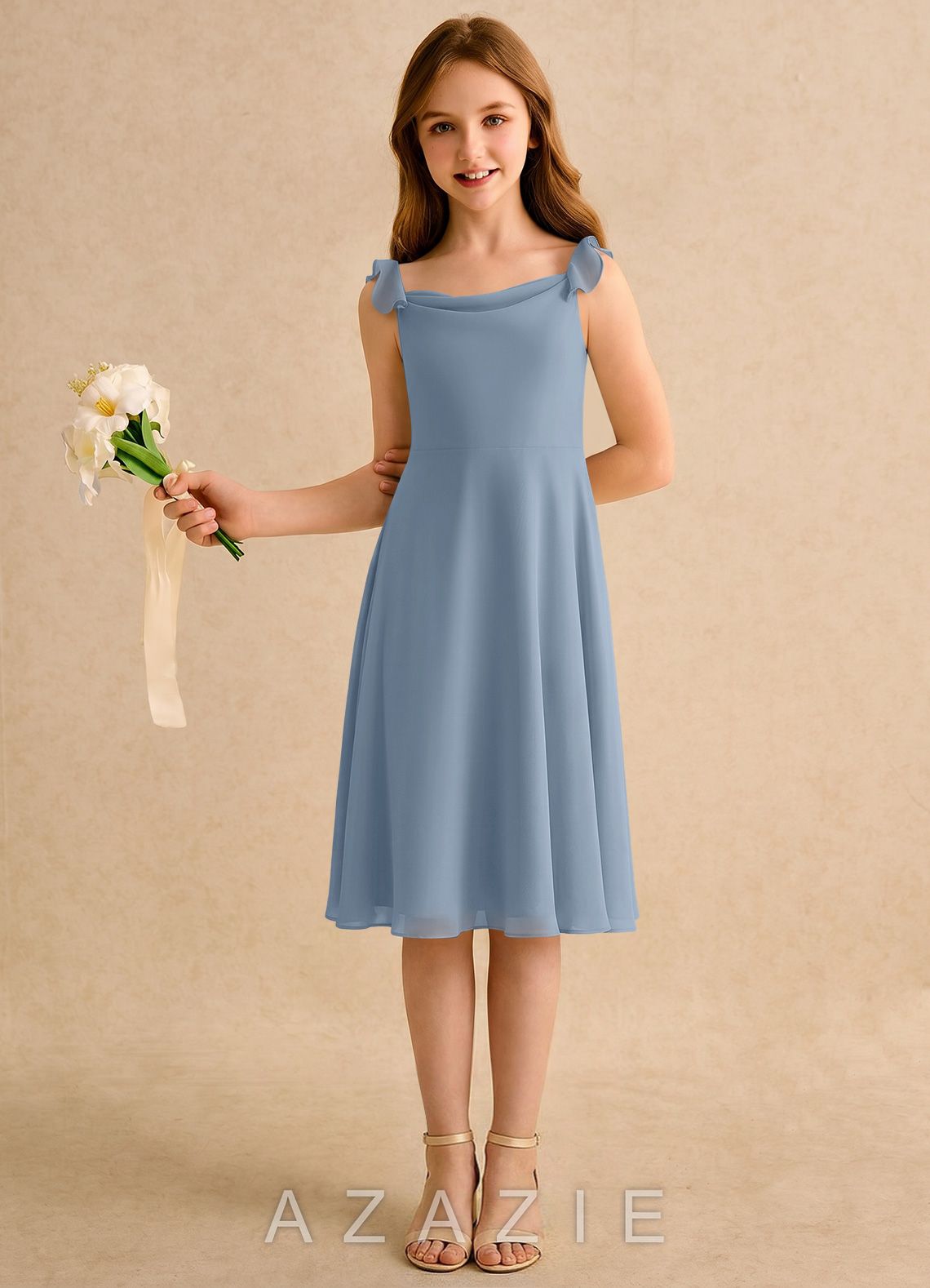 Azazie Pup Girls Formal Dusty Blue A-Line Pleated Chiffon Dress dusty_blue
