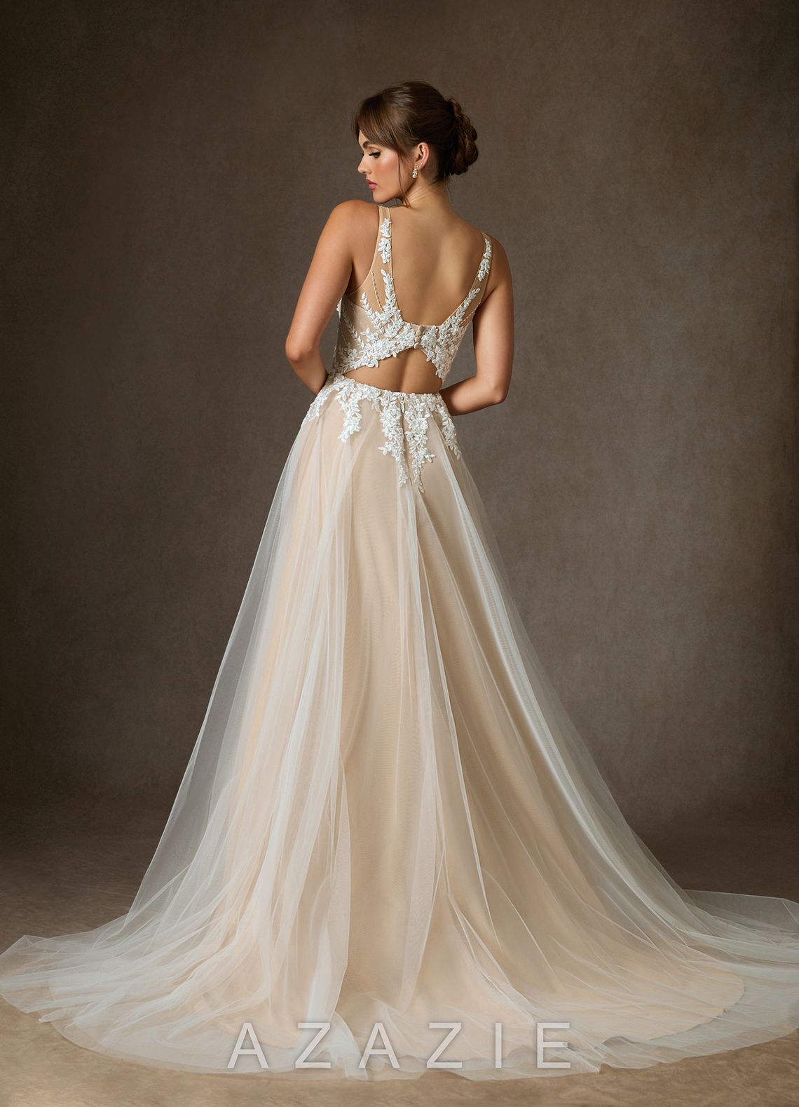 Azazie Goddess Wedding Dress Diamond White Champagne A-Line V-Neck Sequins Tulle Dress diamond_white/champagne