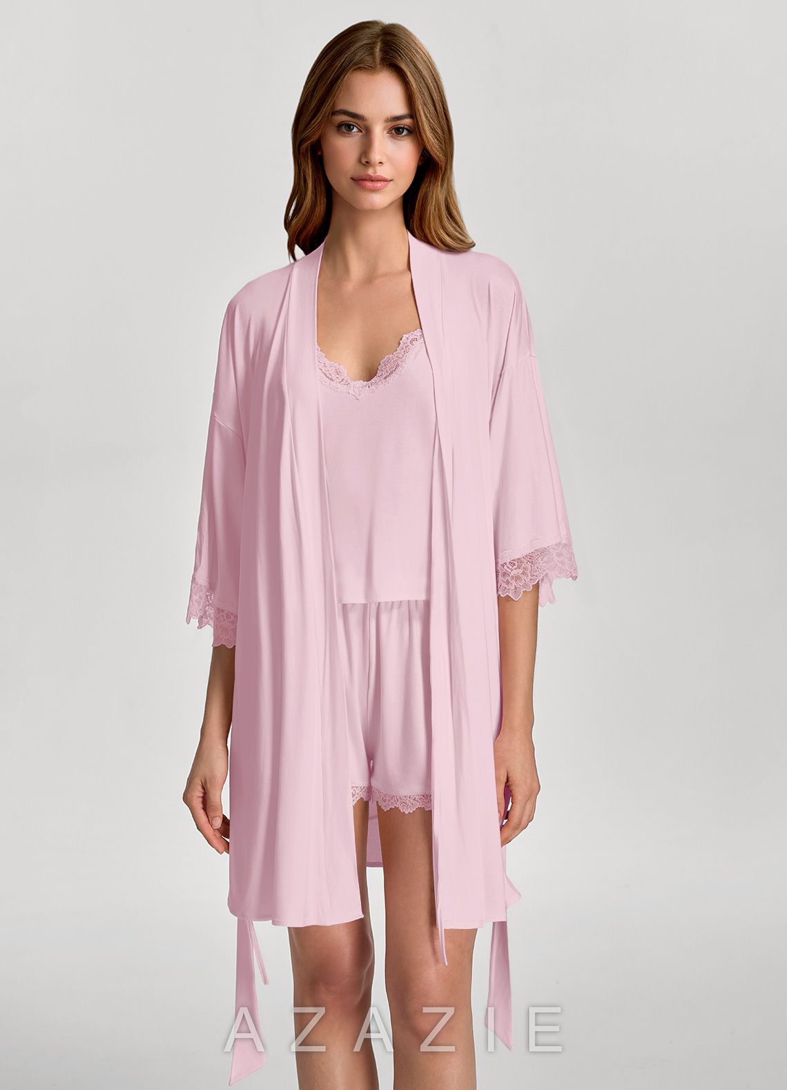 Soft Rayon Lace Trim Bridal Robe  sheer_pink