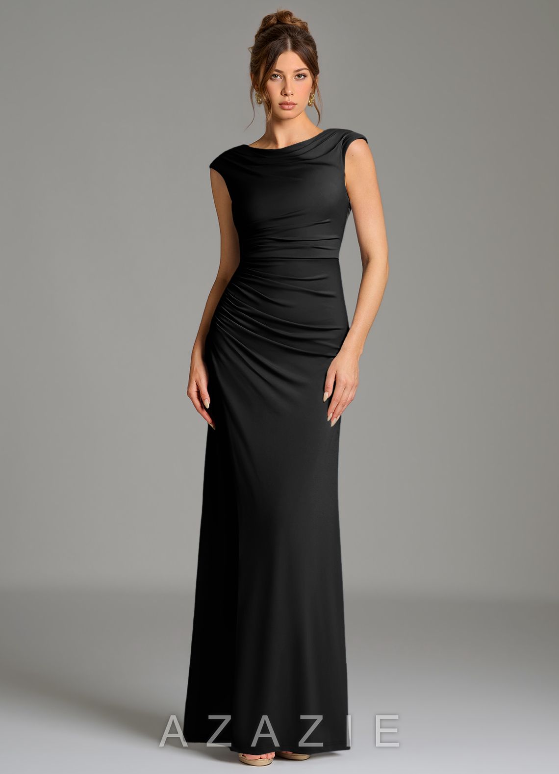Azazie Chantal Black Mermaid Pleated Premium Stretch Jersey Dress