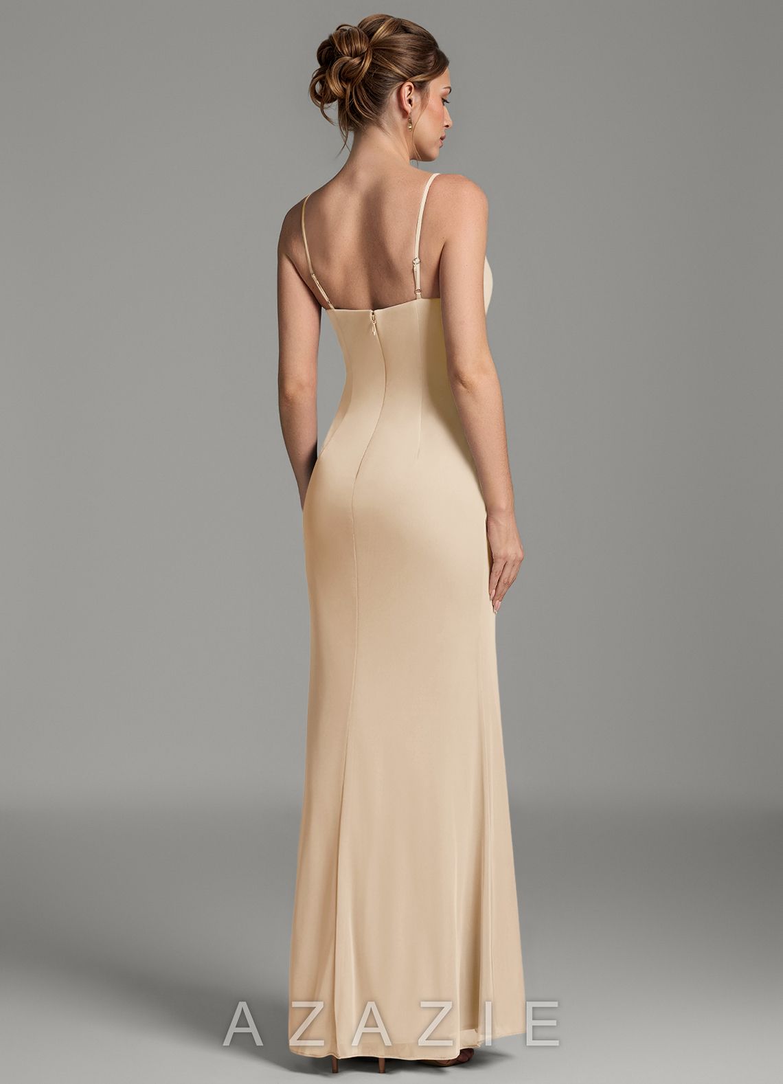 Azazie Zari Champagne Mermaid Pleated Mesh Dress champagne