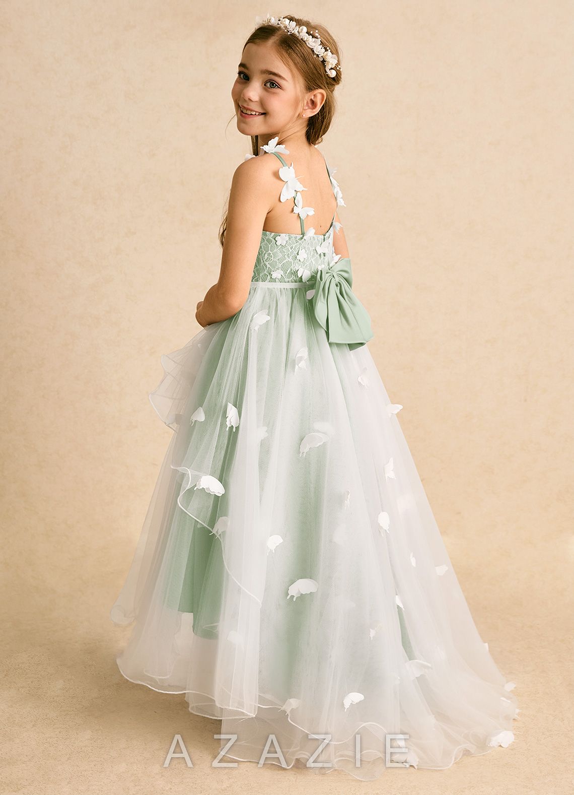 Azazie Darlina Ivory Dusty Sage Ball-Gown Lace Tulle Dress ivory/dusty_sage