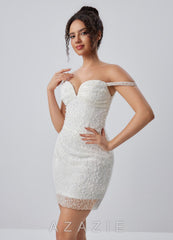 Solamarina White Beading Lace Sequin Embroidery Off-the-Shoulder Mini Dress