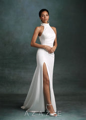 Azazie Jane Diamond White Mermaid High Neck Crepe Back Satin Dress diamond_white