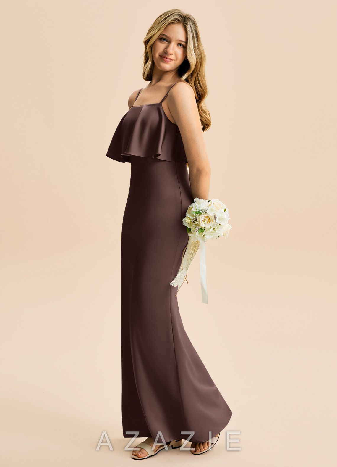 Azazie Galene Junior Ganache Mermaid Stretch Satin Dress